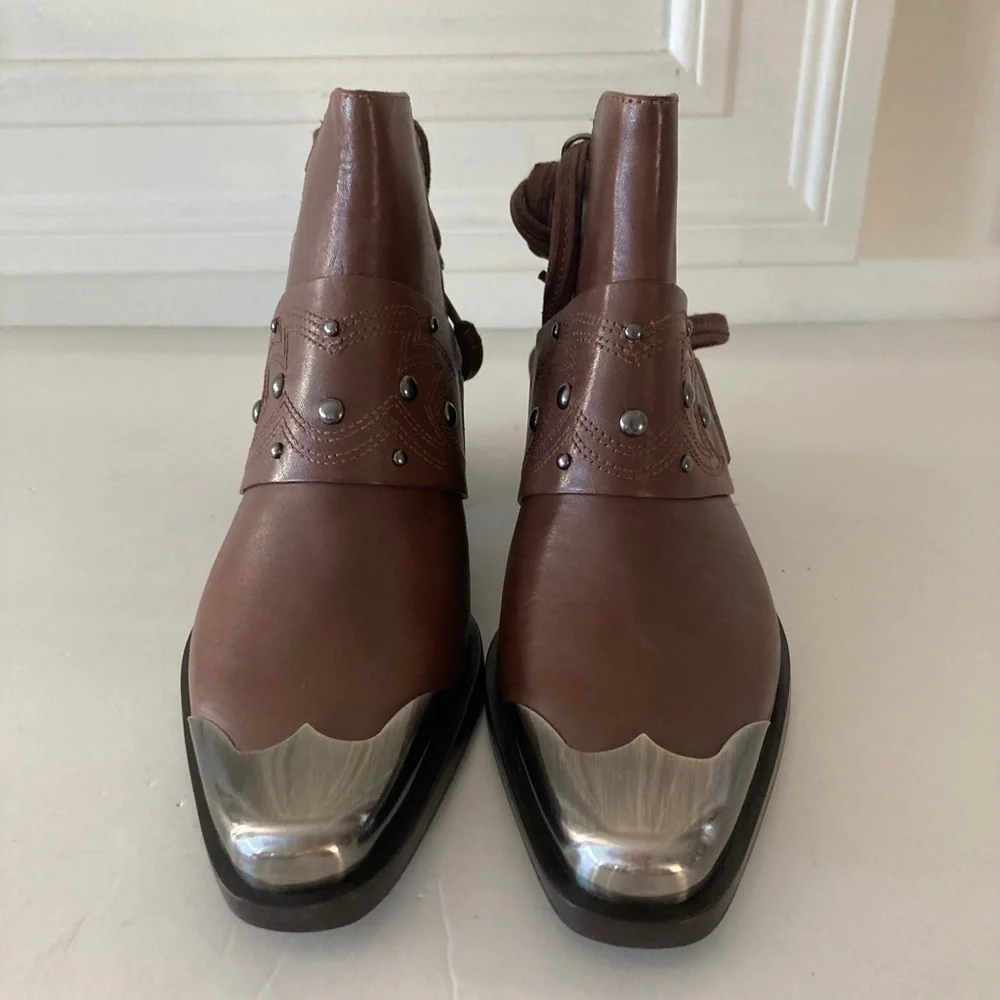 NWOT Free People Rory Studded Brown Leather Shoe Boots Sz 37.5 - Picture 4 of 9